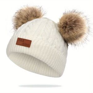 NEW White Hat, Fuzzy Pom Pom brown bear ears, one size fits most